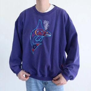 Vintage 90S True North Purple  Embroidered Whale Art Boxy Fit Crew Neck Sweater